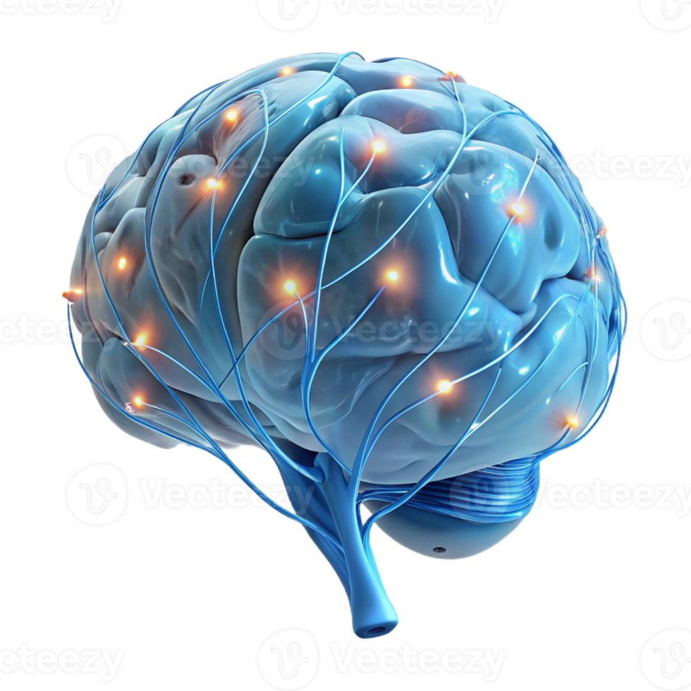 stunning classic A transparent, anatomical model of a human brain, neural pathways illuminated by pulsing, bioluminescent light. Medical illustration style, scientific visualization professional png