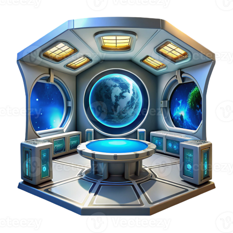 impressive classic Space station interior, futuristic design, glowing panels, views of Earth, science fiction style high quality png