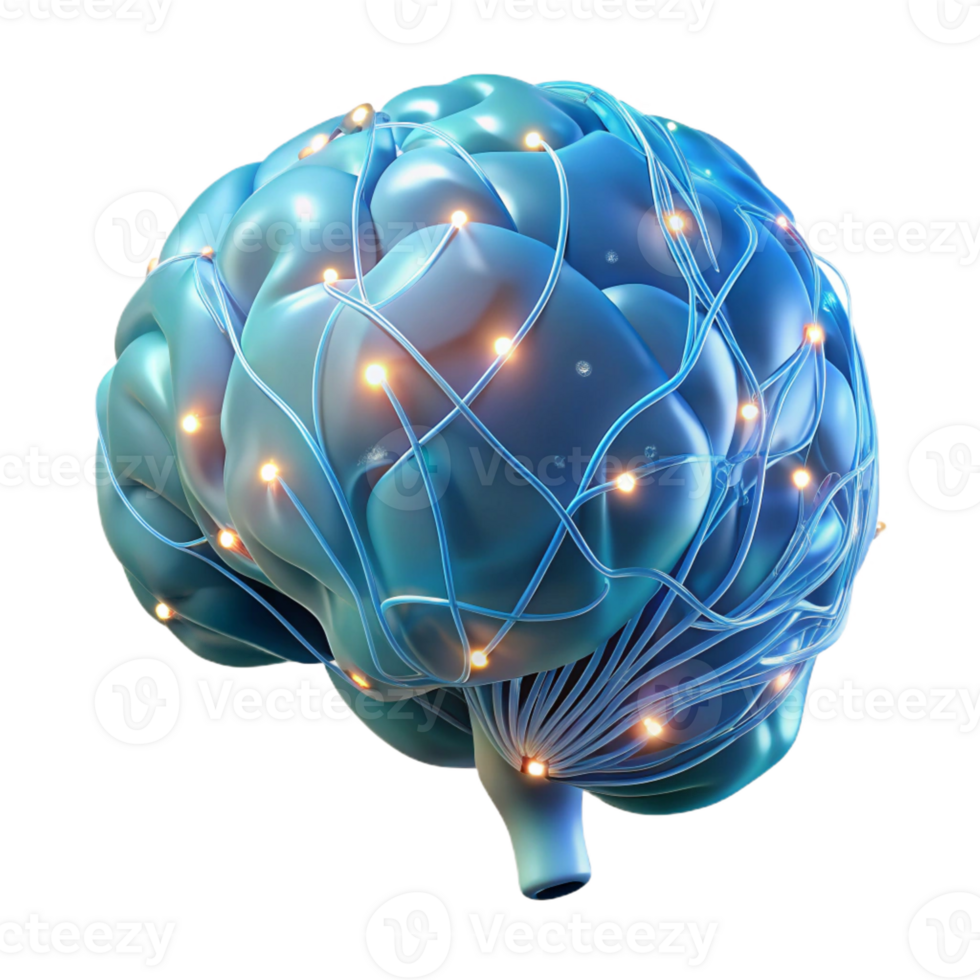 stunning contemporary A transparent, anatomical model of a human brain, neural pathways illuminated by pulsing, bioluminescent light. Medical illustration style, scientific visualization genuine png