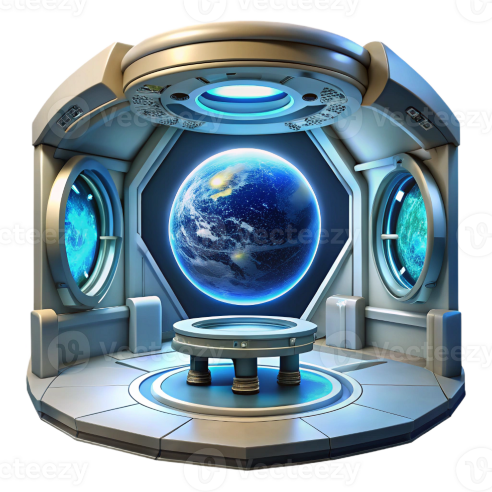 dramatic modern Space station interior, futuristic design, glowing panels, views of Earth, science fiction style high quality png