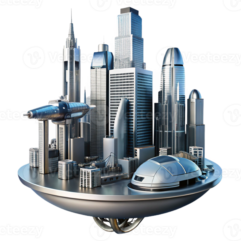 stunning minimalist A futuristic cityscape, towering skyscrapers and flying vehicles, reflected in the polished chrome surface of a robotic arm. Cyberpunk style, digital art high quality png