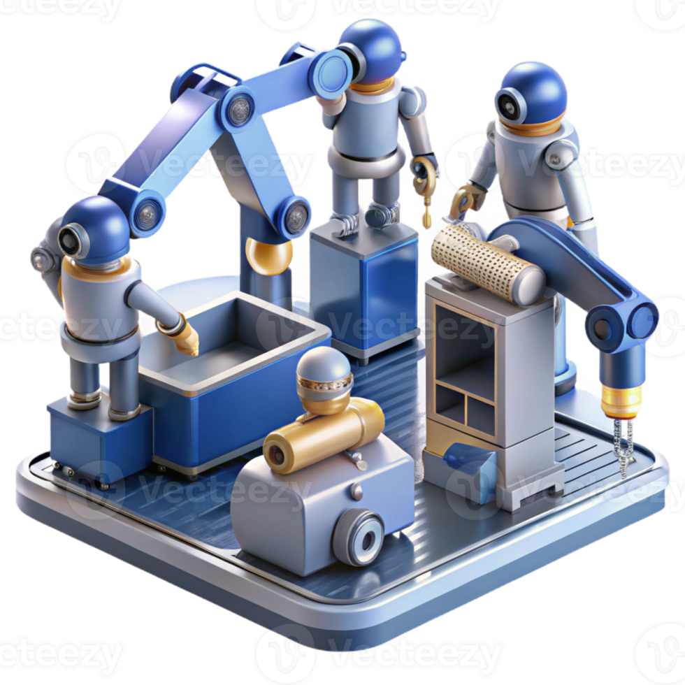 dramatic classic A group of robots working in a futuristic factory, assembling complex machinery, illuminated by the warm glow of industrial lighting. Sci-fi style, photorealistic render detailed png