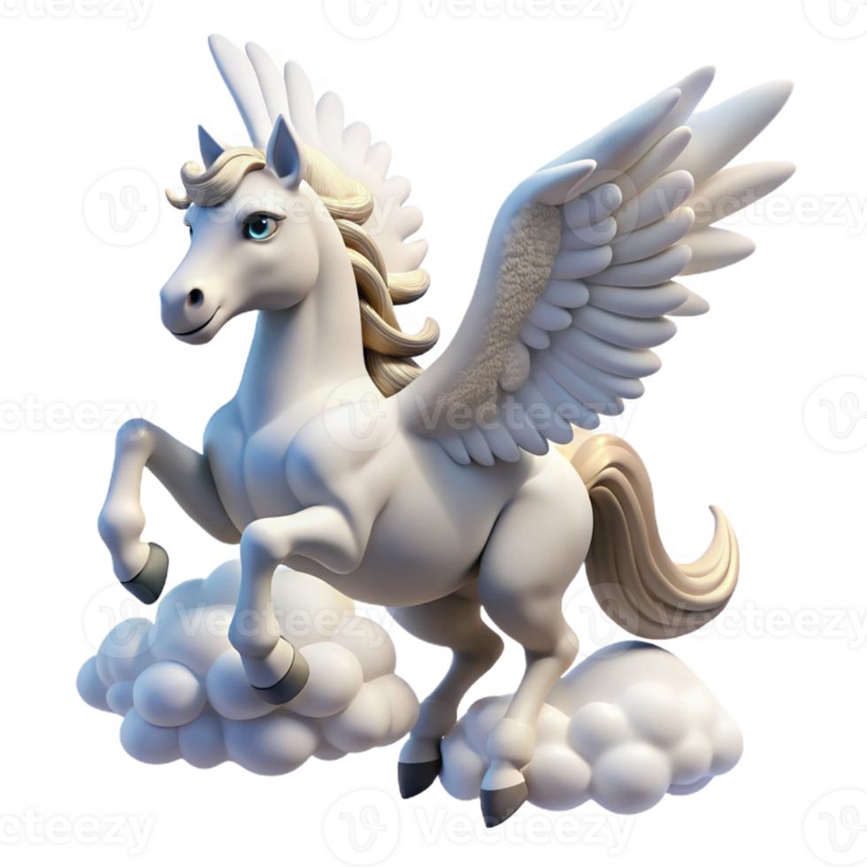 dramatic creative A graceful Pegasus soaring through a cloud-filled sky, sunlight glinting off its white wings. Realistic style, soft focus on the clouds exclusive png