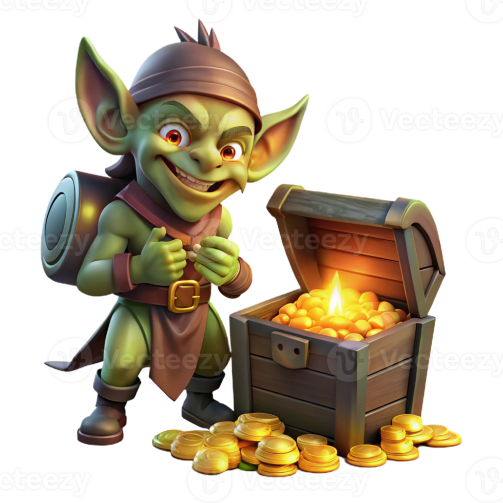 magnificent modern A mischievous goblin scavenging through a treasure hoard, illuminated by the warm glow of flickering candlelight. Cartoon style, exaggerated features high quality png