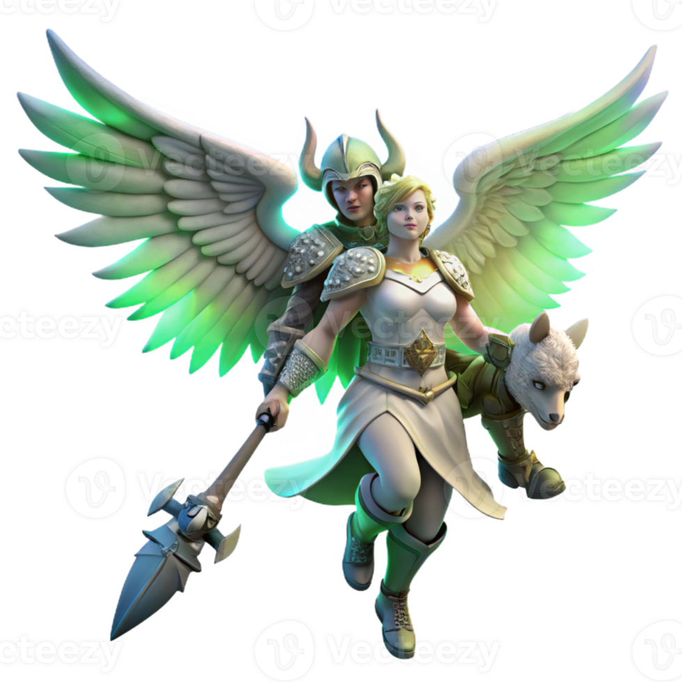 wonderful artistic A winged Valkyrie carrying a fallen warrior to Valhalla, illuminated by the radiant light of the aurora borealis. Norse mythology style, detailed armor and weaponry detailed png