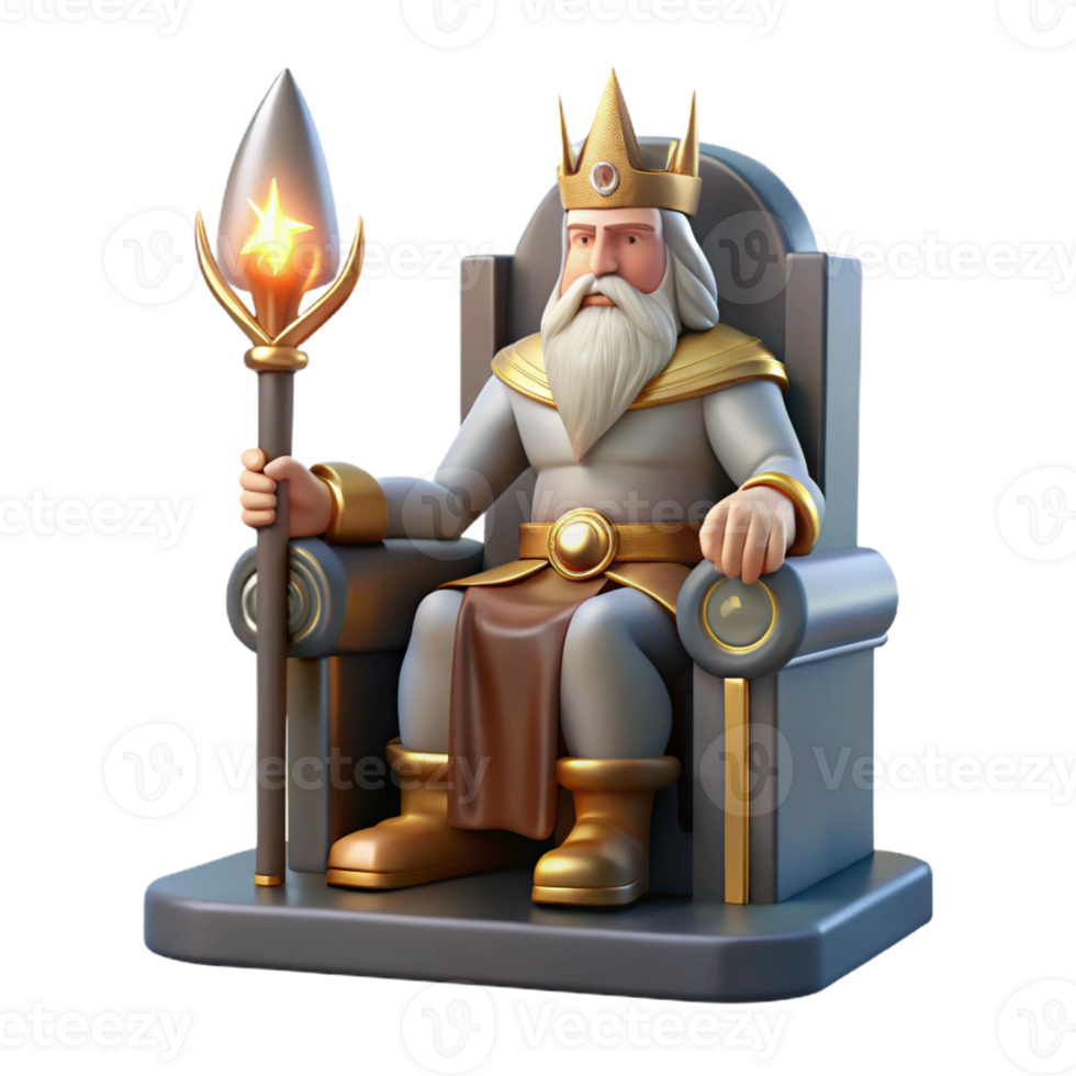 dramatic contemporary A powerful Odin seated on his throne, holding his spear Gungnir, illuminated by the bright light of Asgard. Norse mythology style, detailed depiction of the throne premium png