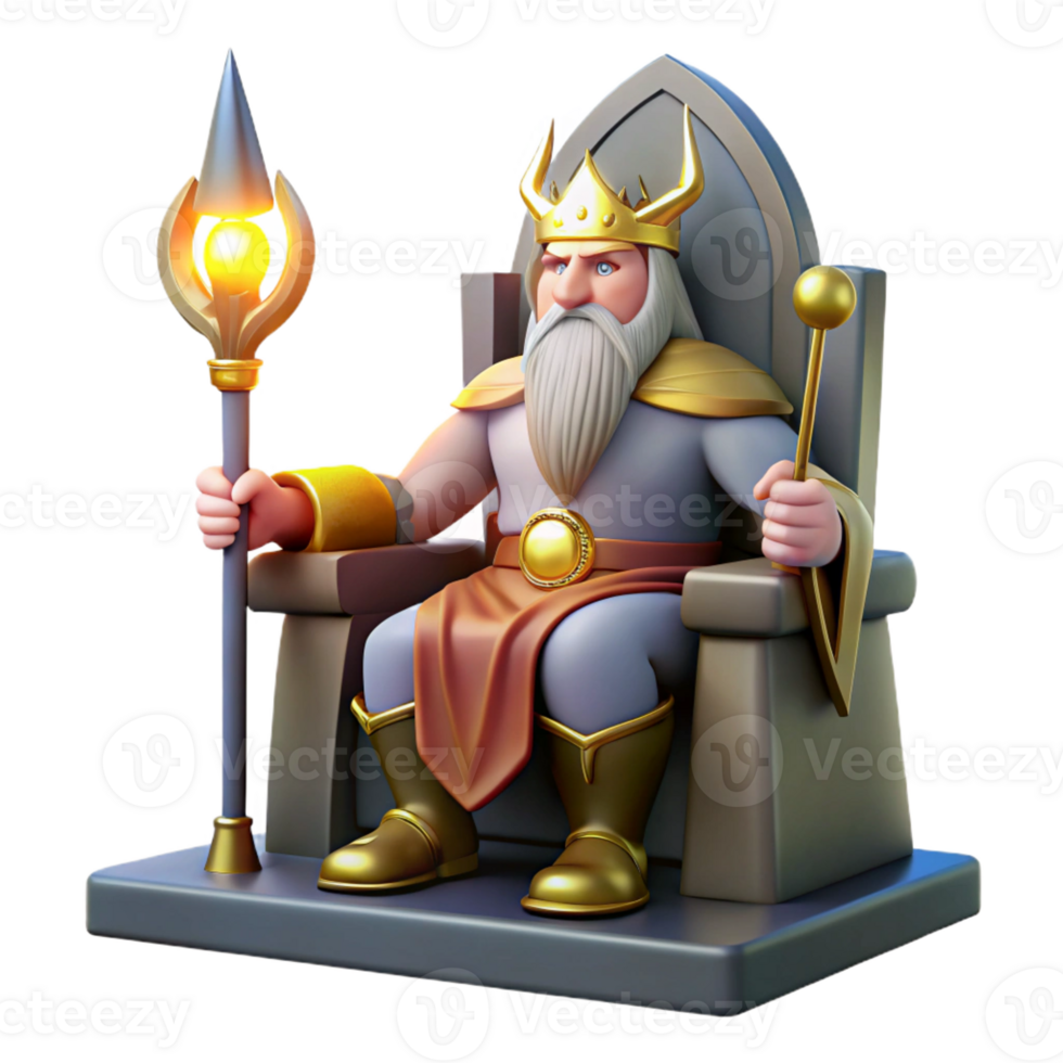 elegant vintage A powerful Odin seated on his throne, holding his spear Gungnir, illuminated by the bright light of Asgard. Norse mythology style, detailed depiction of the throne detailed png