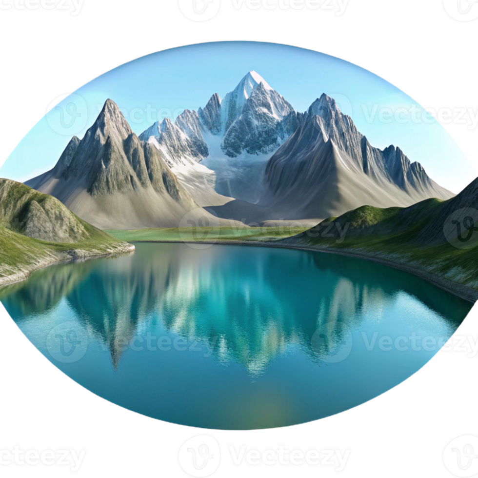 beautiful abstract A crystal-clear lake reflecting the surrounding mountains, calm and serene lighting, landscape photography style authentic png