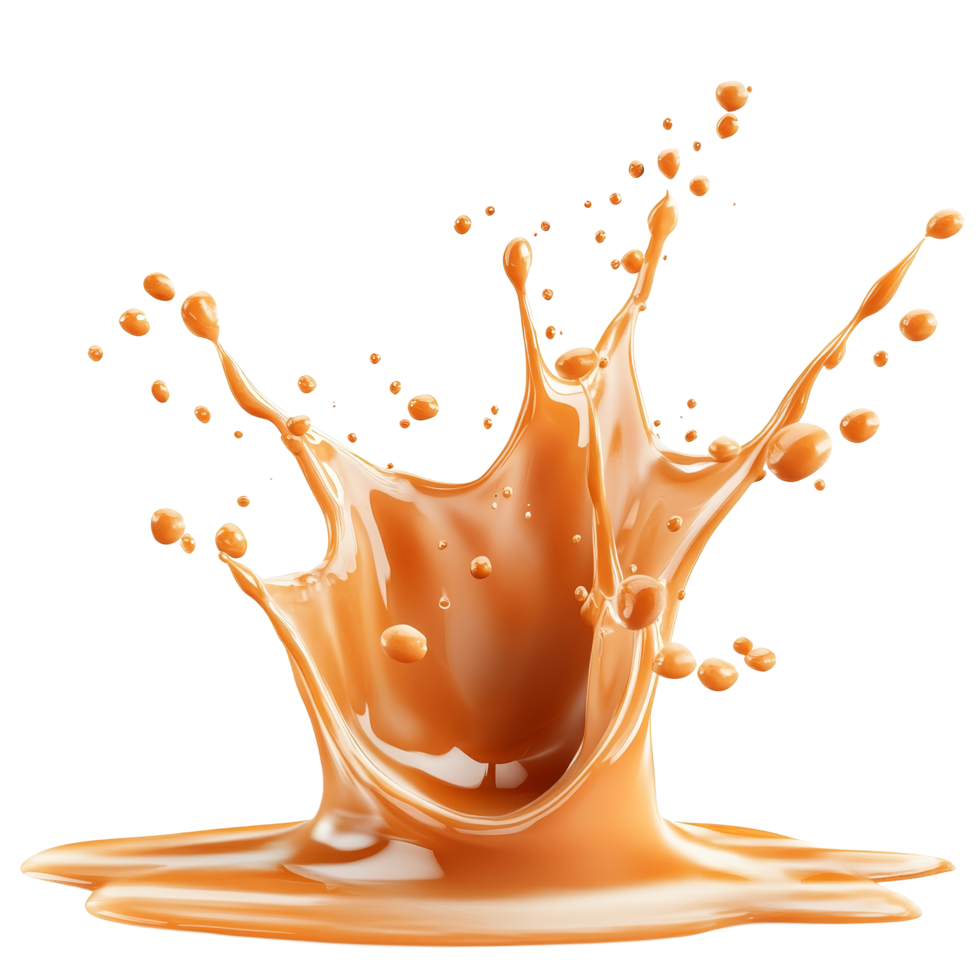 Delicious caramel splash isolated against a clean transparent background showcasing a vibrant brown hue and fluid motion, Delicious Caramel Splash isolated on transparent background png