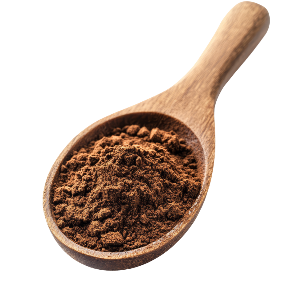 Coffee powder in a wooden spoon, isolated against a transparent background, perfect for culinary uses and beverage preparation, Coffee powder in wood spoon isolated on transparent background png