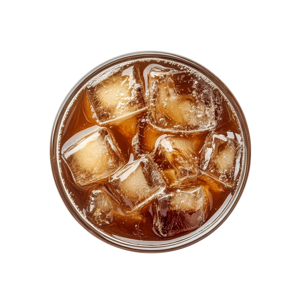 Top view of a refreshing iced coffee cup filled with ice cubes against a clean, transparent background, iced coffee cup top side view view from above isolated transparent background png