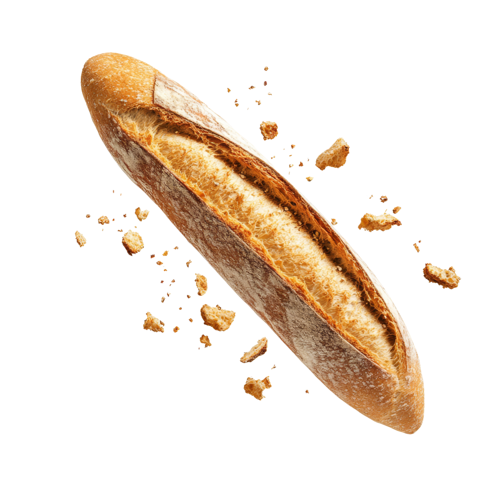 Fresh baguette with crumbs floating isolated on a transparent background, showcasing its crusty texture and soft interior, Fresh Baguette with Crumbs Floating isolated on transparent background png