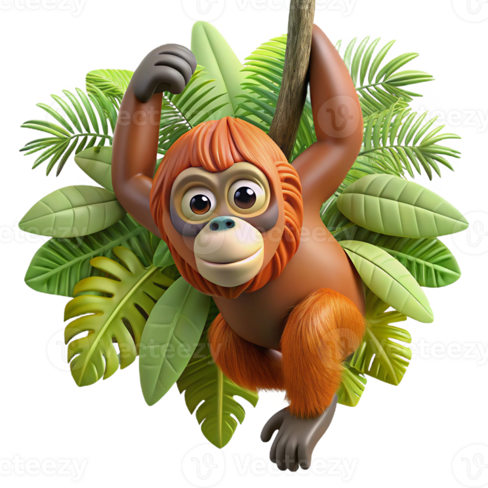 stunning classic A curious orangutan hanging from a tree branch, surrounded by lush jungle foliage, depicted in a detailed, realistic style professional png