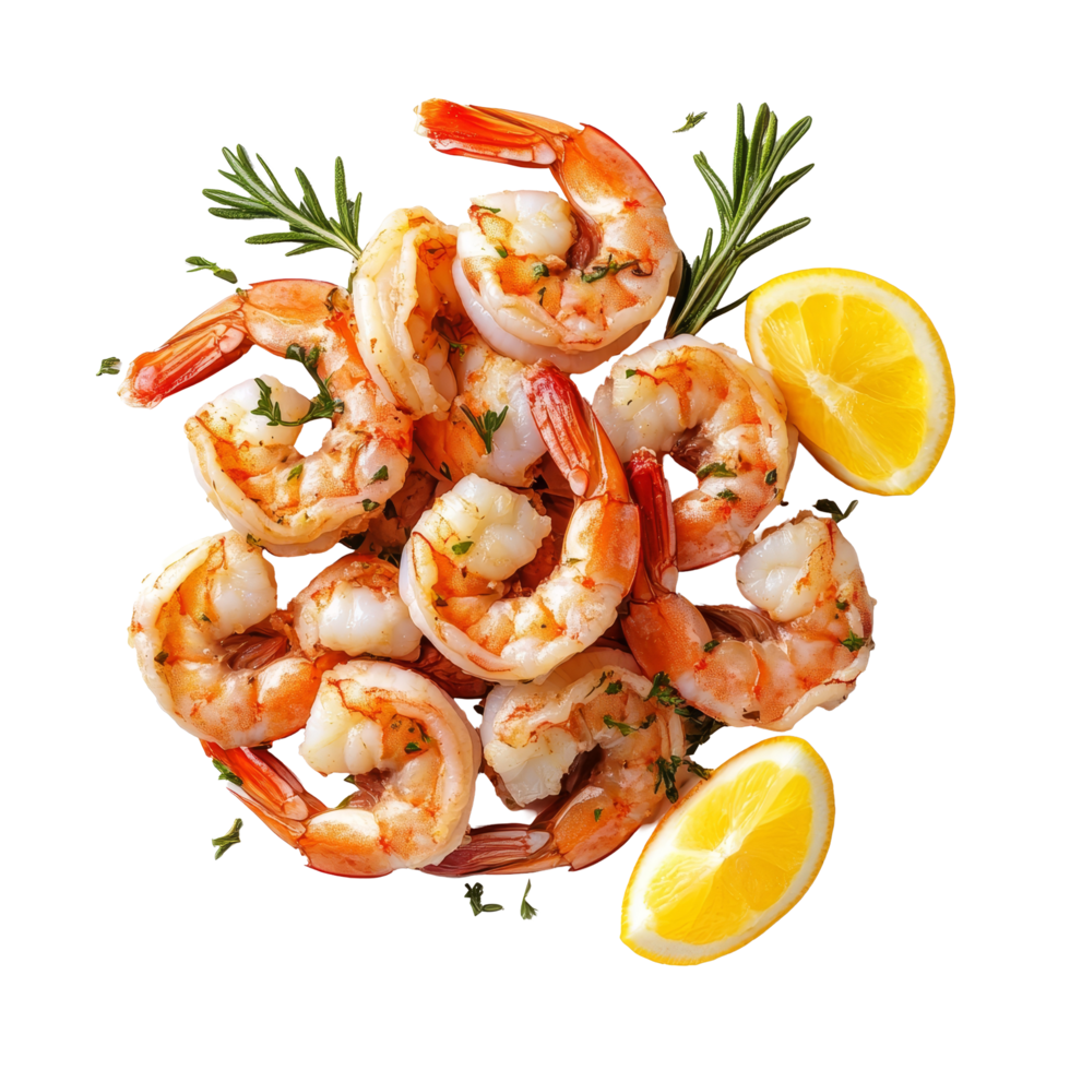 Cooked shrimp garnished with fresh herbs and lemon slices on a clean transparent surface, Cooked shrimp isolated on transparent background png