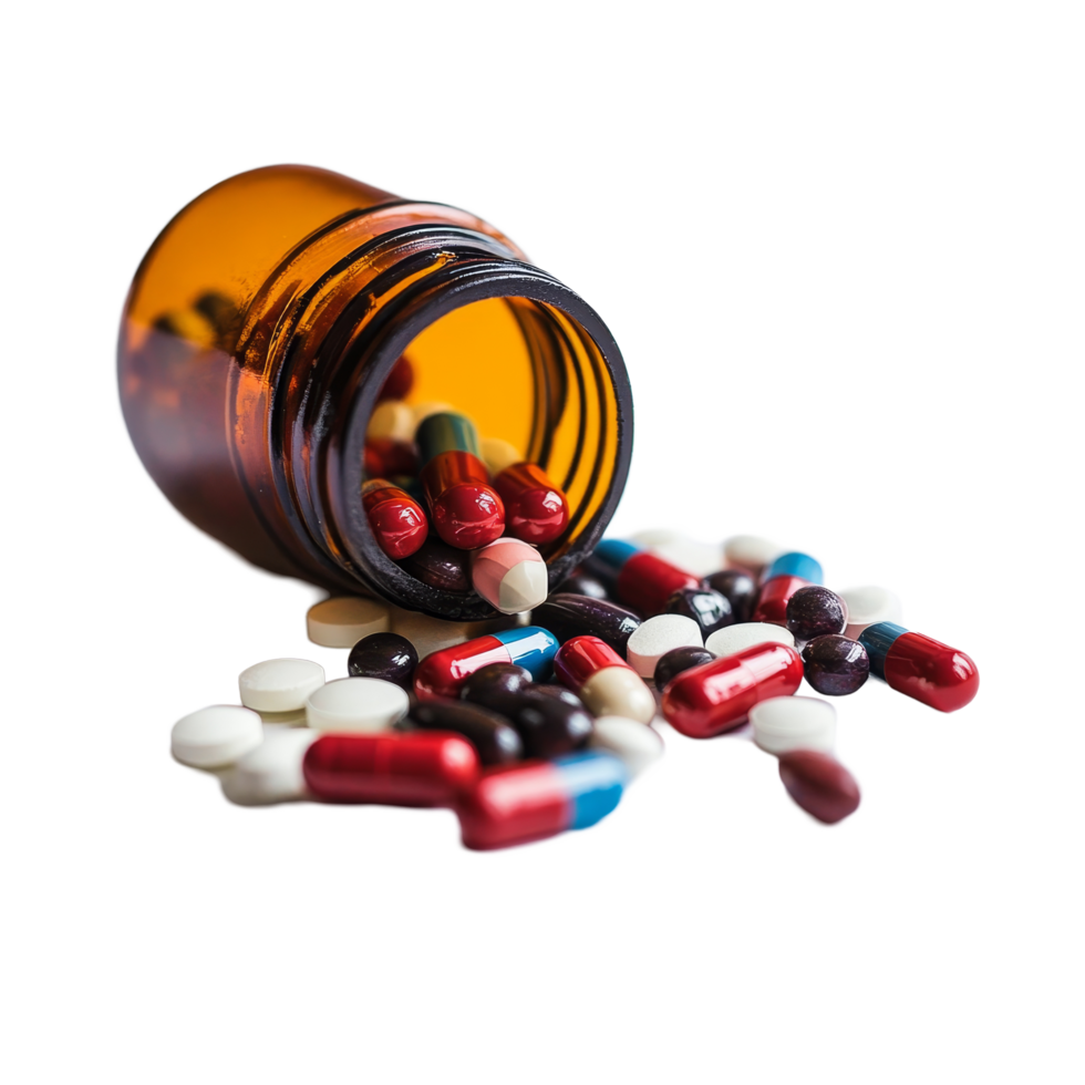 Colorful pills spilling from bottle on a clean transparent background showcasing various shapes and sizes, pills out of bottle on transparent background png