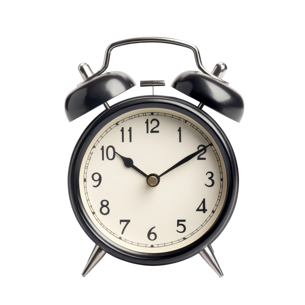 Classic alarm clock with black casing on transparent background signaling the start of a new day, Alarm clock isolated transparent background png