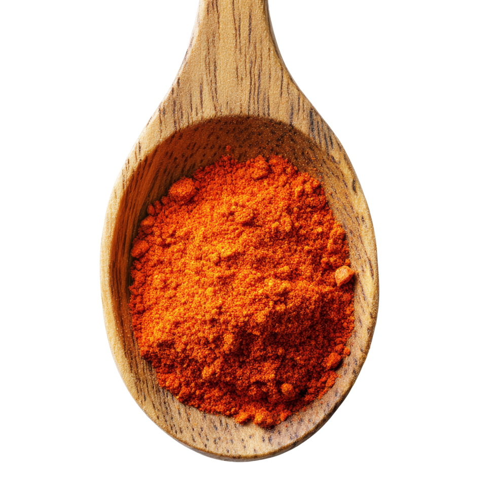 Red chili powder in a wooden spoon against a plain transparent background showcasing vibrant color and texture, Red chili powder in wood spoon isolated on transparent background png