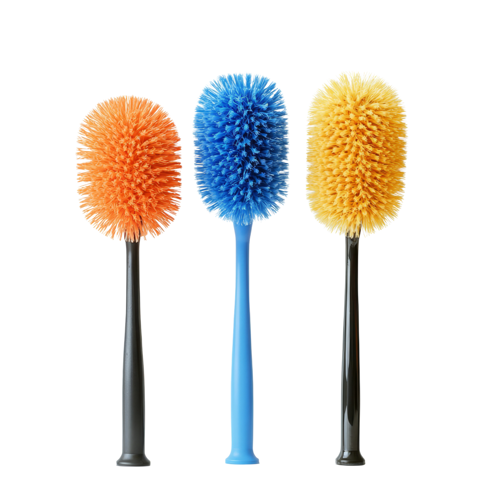 Colorful toilet brushes arranged on a transparent background for cleanliness and hygiene in home environments, Toilet Brushes on transparent background png