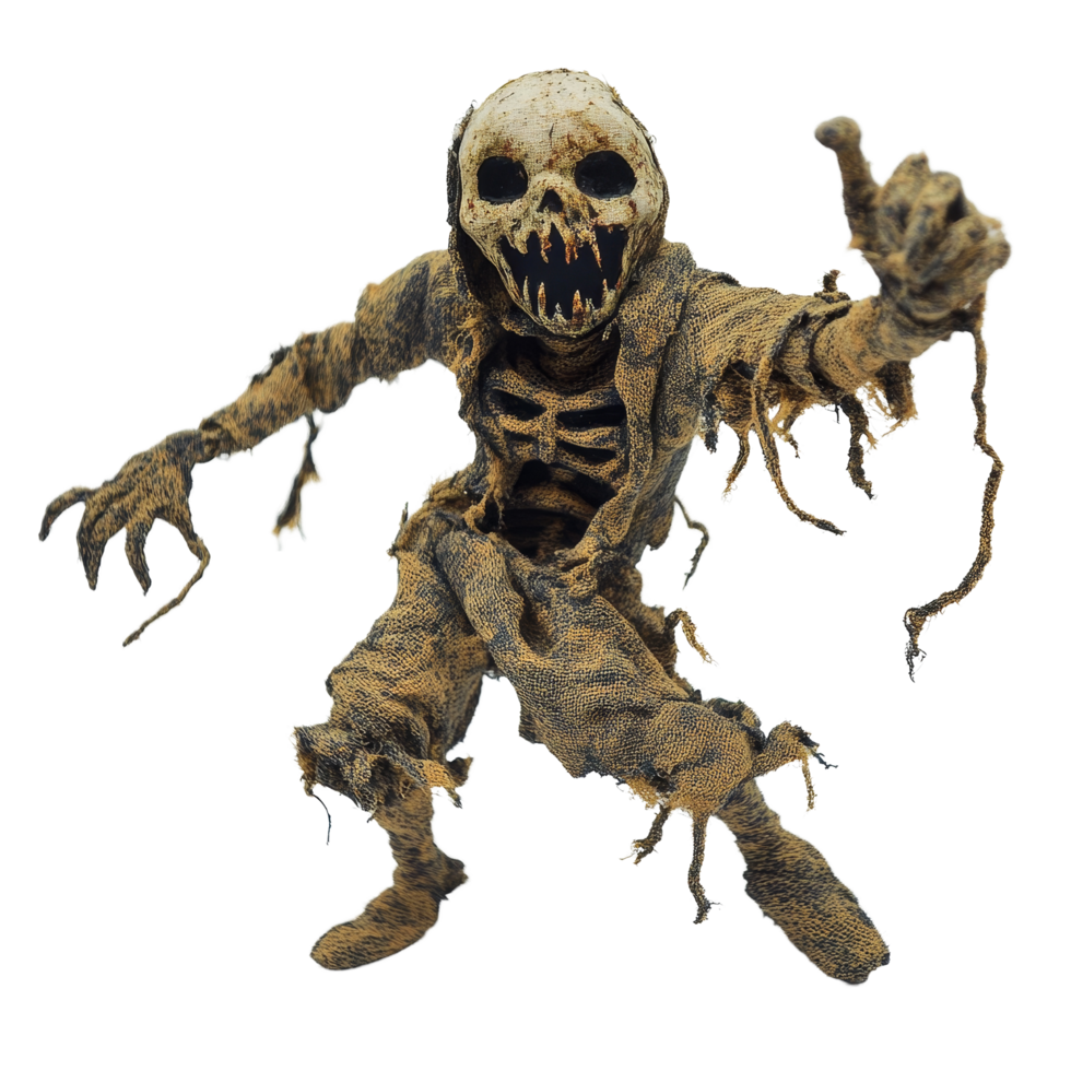 A terrifying Halloween goblin figure stands ominously against a transparent background, showcasing detailed craftsmanship, Nightmarish halloween gobelin figure on transparent background png