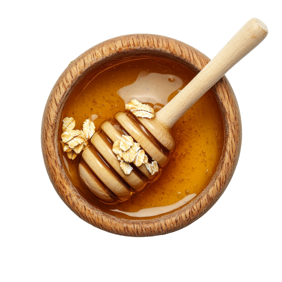 Fresh honey and oats in a wooden bowl on a clean transparent background, perfect for healthy snacks or breakfast, Fresh honey with oats in a bowl on a transparent background png