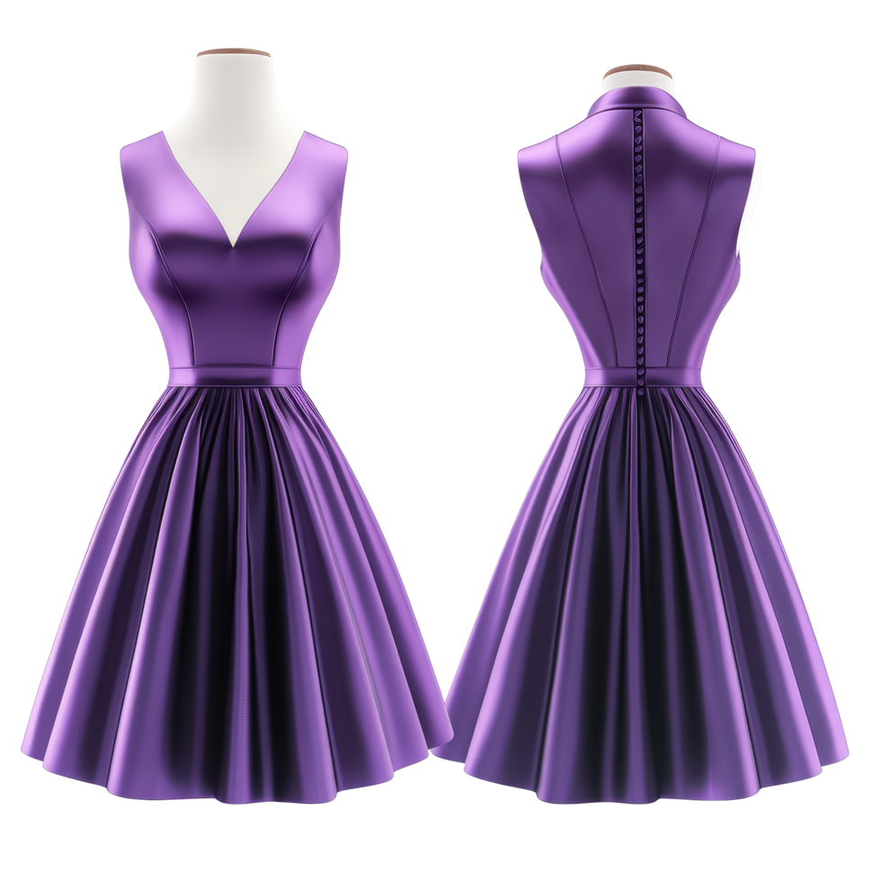 Elegant purple cocktail dress mockup showcasing front and back views for fashion design presentations, Elegant Purple Cocktail Dress Mockup from Front and Back Views on transparent background png
