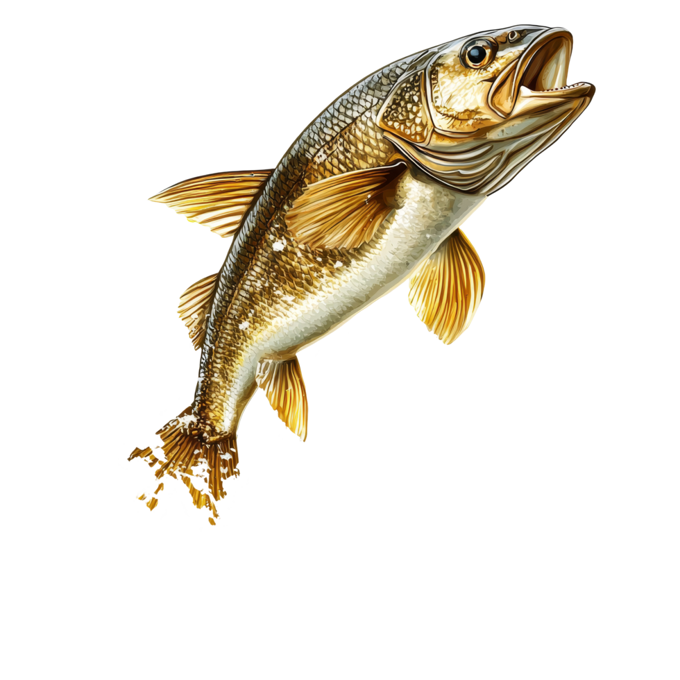 Realistic fish leaping out of water, showcasing splashes in bright surroundings, Realistic Fish Leaping Out of Water Isolated on transparent background png
