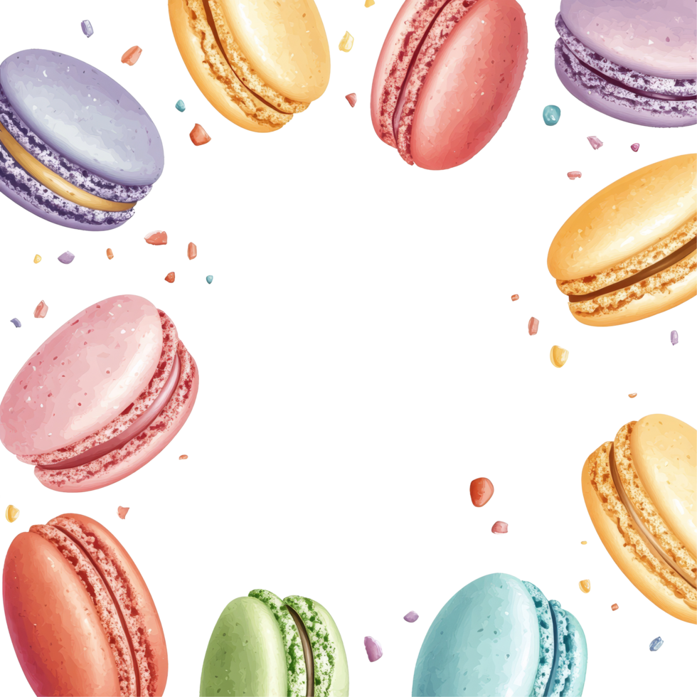 Colorful macarons arranged around a transparent background with decorative sprinkles for a delightful presentation, Delicious macarons on transparent background decorative banner png