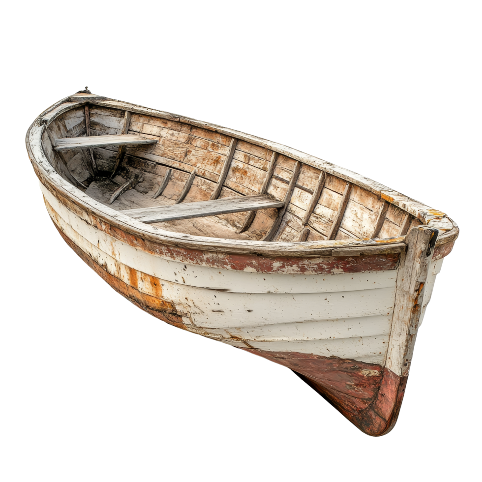 Old wooden boat resting on a transparent background showcasing weathered craftsmanship and vintage charm from bygone days, Old Wooden Boat on transparent background png