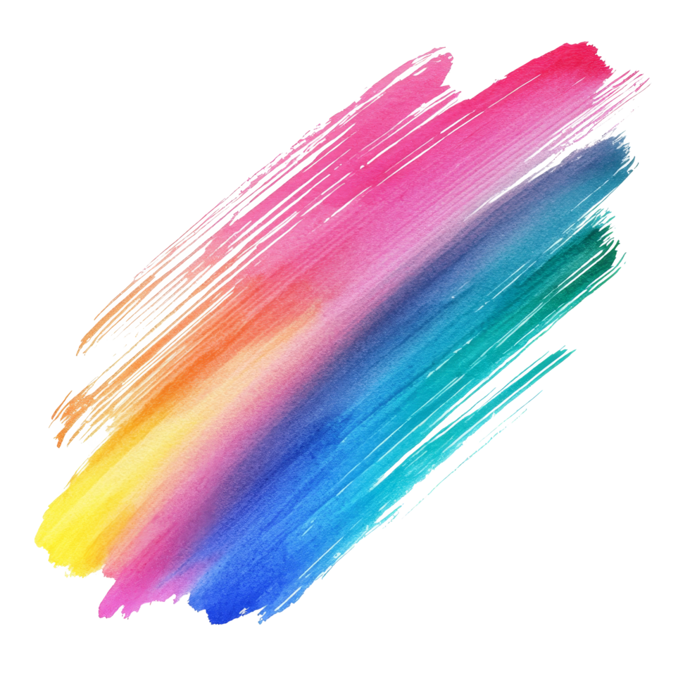 Vibrant rainbow colored gradient watercolor paint brush strokes blending in a creative art composition, rainbow colored gradient paint brush stroke isolated on transparent background png