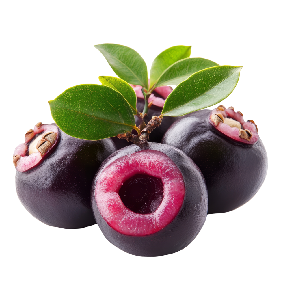 Fresh mangosteen fruit with vibrant purple skin and green leaves on a clean transparent background, ripe mangosteen isolated on transparent background png