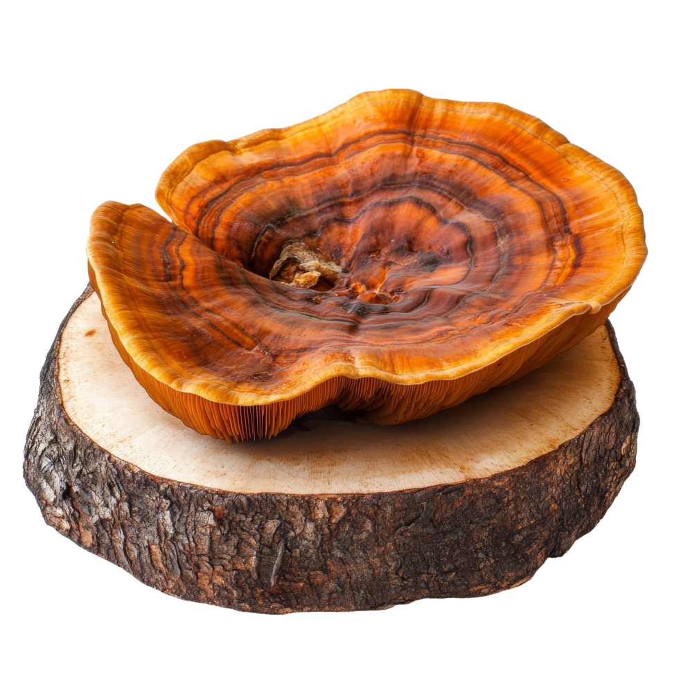 A vibrant Lingzhi mushroom Ganoderma lucidum displayed on a wooden slice against a transparent background, Lingzhi Mushroom Ganoderma Lucidum on transparent background png
