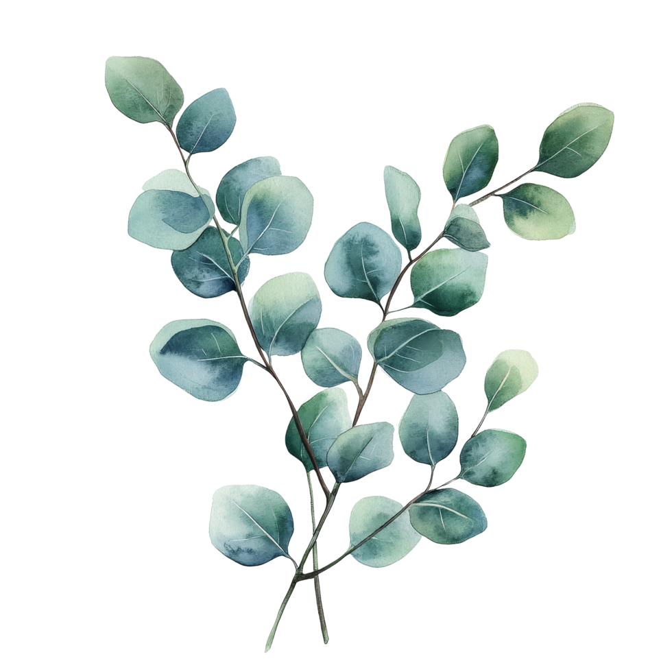 Beautiful watercolor depiction of eucalyptus branches displayed on a clean transparent background, eucalyptus plant on a transparent background png