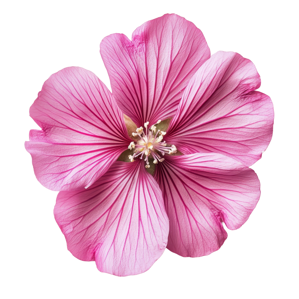 Top view of a vibrant single tree mallow flower showcasing delicate pink petals and intricate veining in natural light, various Single tree mallow flower top view and with isolated on transparent png