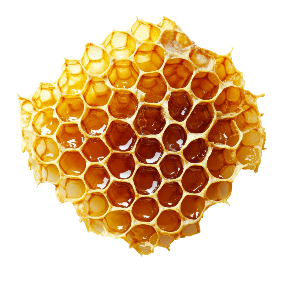 Honeycomb displayed on a transparent background, capturing its unique hexagonal structure and golden honey texture, Honeycomb isolated on transparent background png