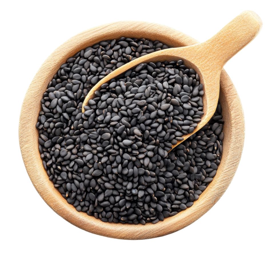 Black sesame seeds in a wooden bowl on a transparent background for culinary uses and health benefits, Black sesame seeds isolated on transparent background png