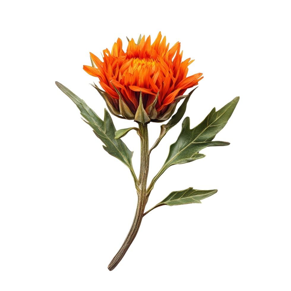 Safflower with vibrant orange petals and green leaves against a clean transparent background, safflower on transparent background png