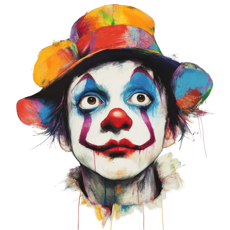 A colorful clown with expressive makeup and a hat gazes up against a plain transparent background, evoking a whimsical atmosphere, Clown wearing a hat on transparent background png