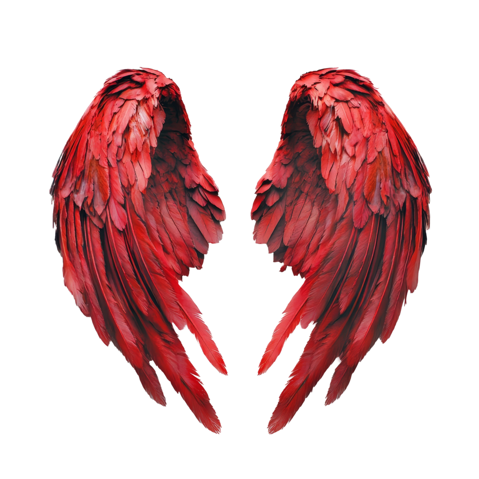 Stunning red angel wings displayed on a clean transparent background, symbolizing freedom and divine beauty, Red angel wings on transparent background png