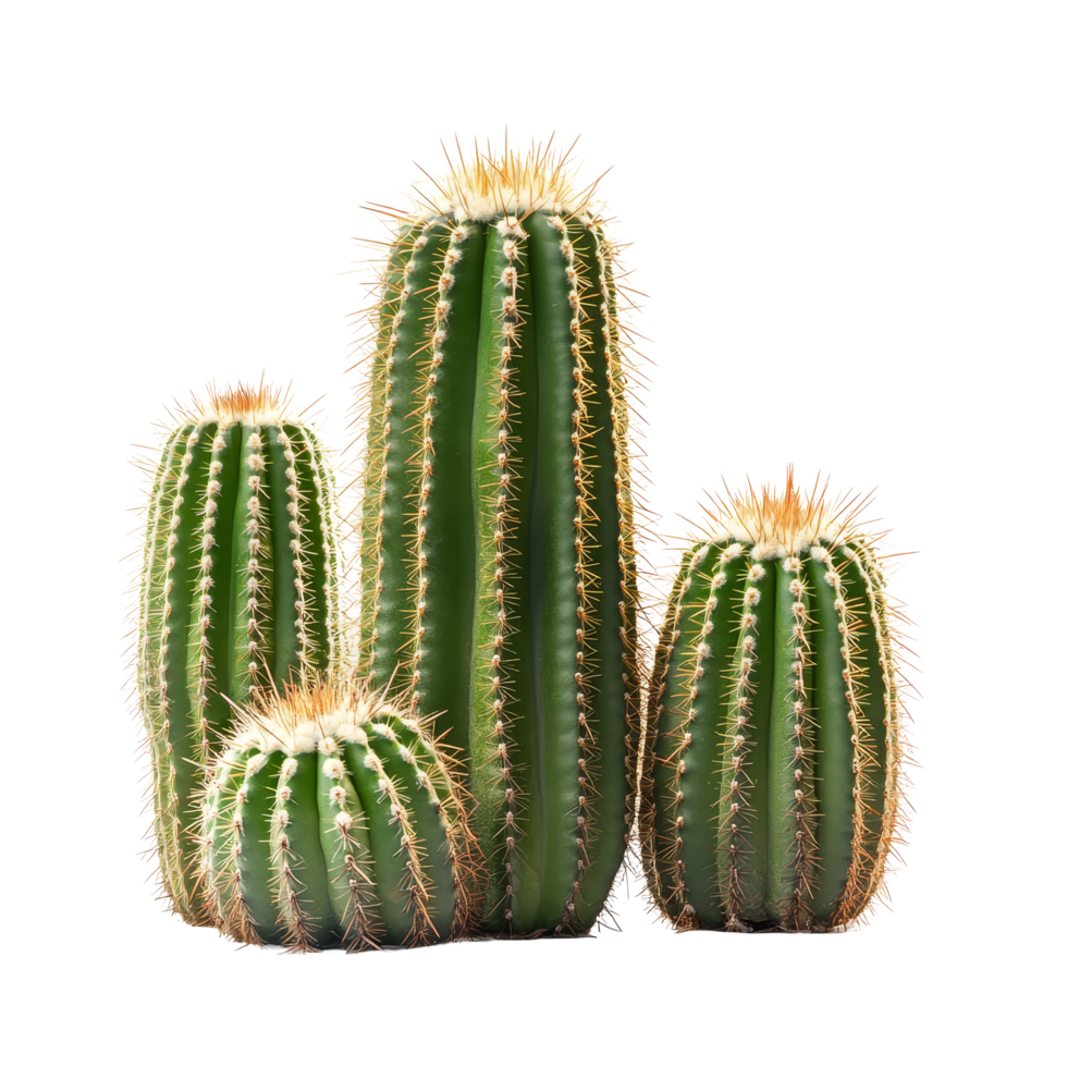 Healthy green cacti of various sizes arranged separately on a bright transparent background, Multiple cactus isolated on transparent background png