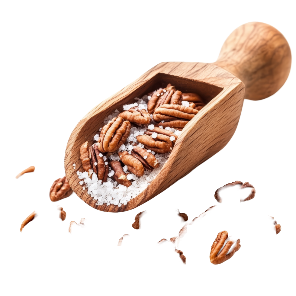Salted pecan nuts in a wooden scoop on a transparent surface showcasing a delightful snack option, Pecan nuts topped with light salt in wood scoop isolated on transparent background png