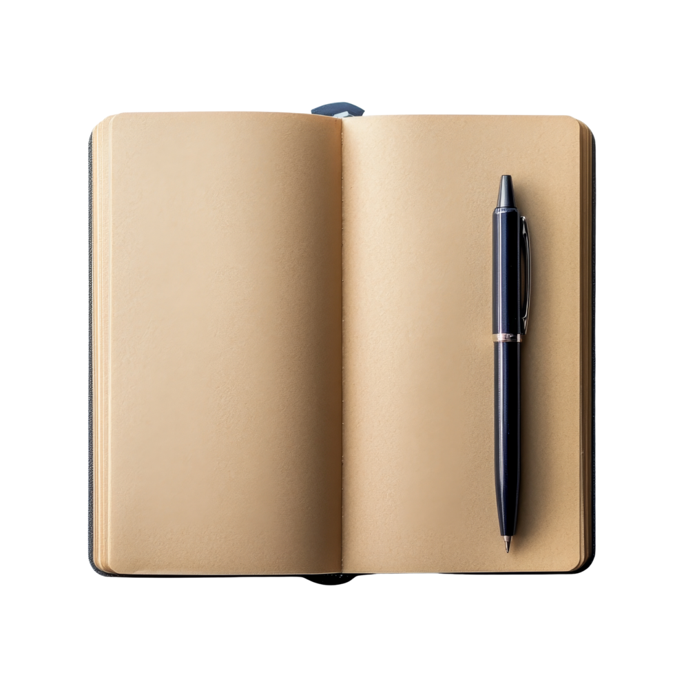 a aberto papel caderno com uma caneta em repouso em uma em branco página, pronto para escrevendo notas e Ideias dentro uma quieto área de trabalho, aberto papel caderno com caneta png