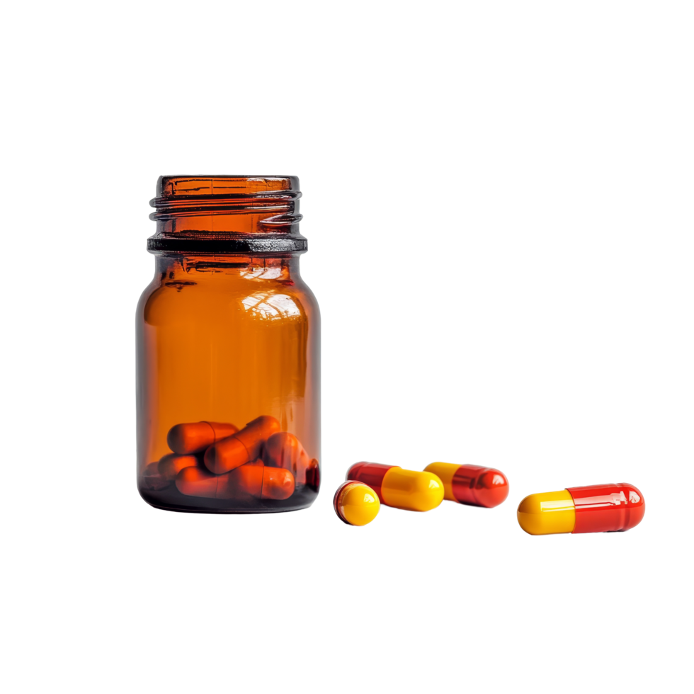 A clear view of an amber bottle with red and yellow capsules on a transparent background for health and wellness, pill and bottle on transparent background png