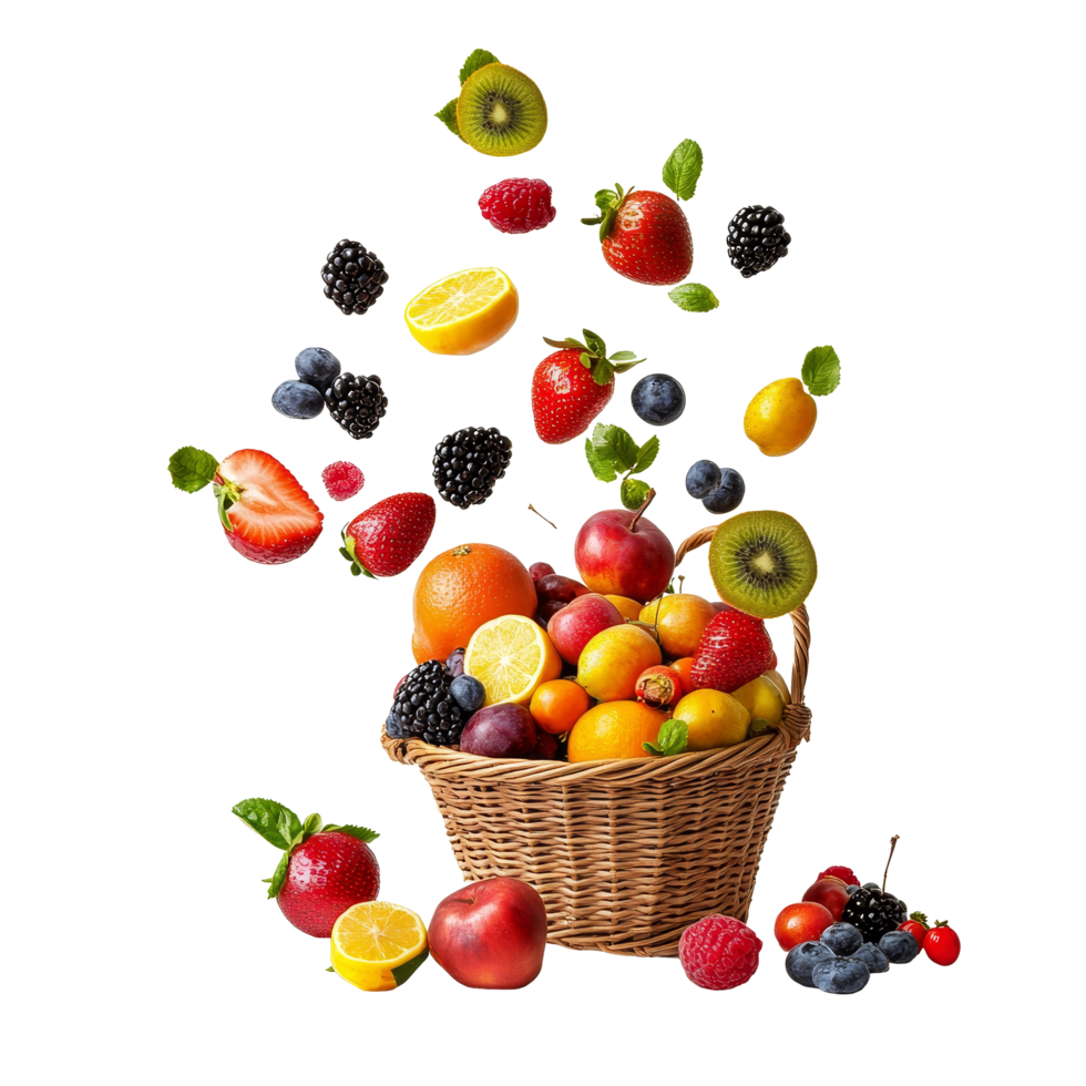 Fresh fruits like strawberries and kiwis cascading into a woven basket on a bright transparent background, Fresh fruits falling from above in a basket on a transparent background png
