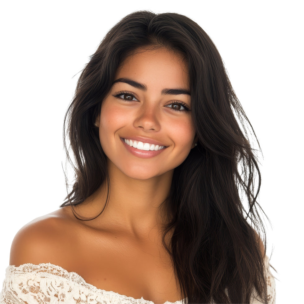 Smiling Hispanic woman with long hair wearing a light top, in a bright studio setting, a portrait photo of beautiful smiling hispanic woman isolated transparent background png