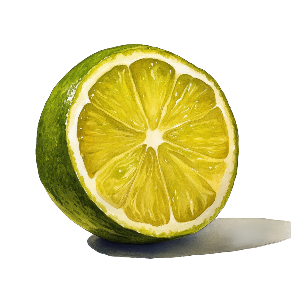 A vibrant yellow lime halved on a clean transparent background, showcasing fresh fruits juicy texture and color, yellow lime on transparent background png