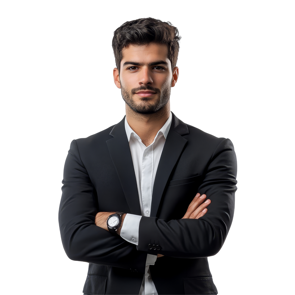 Confident young businessman standing with arms crossed on a transparent background in a professional setting, Young business man isolated on transparent background png