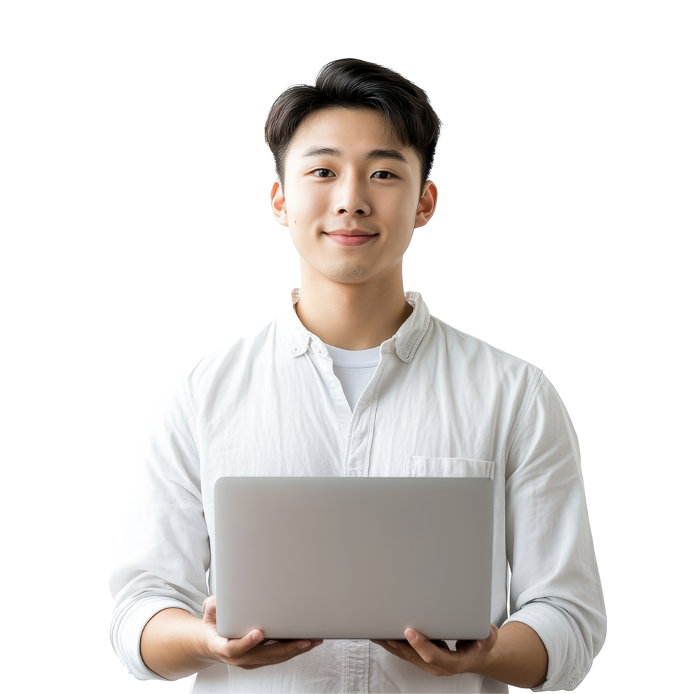 Young Asian man working on a laptop, smiling, in a bright indoor space against a transparent background, Young Asian Man with Laptop on transparent background png