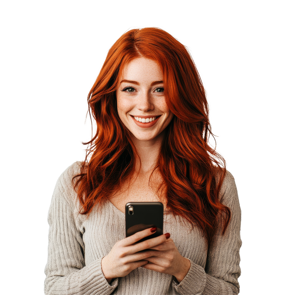 A happy redhead smiles as she uses her smartphone against a clean transparent background, capturing a moment of joy, Smiling Redhead with Phone on transparent background png
