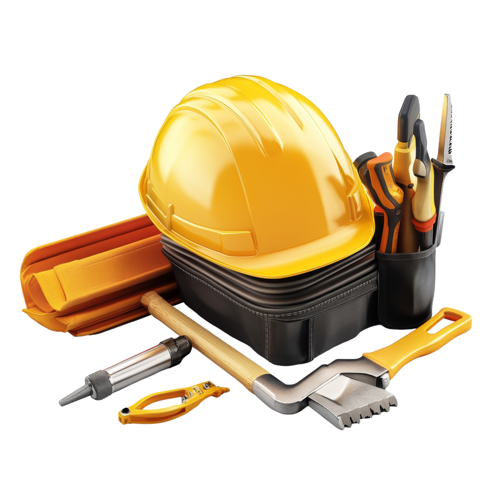 Construction tools and safety helmet arranged on a workbench for a construction project during the day, Construction tools with safety helmet png