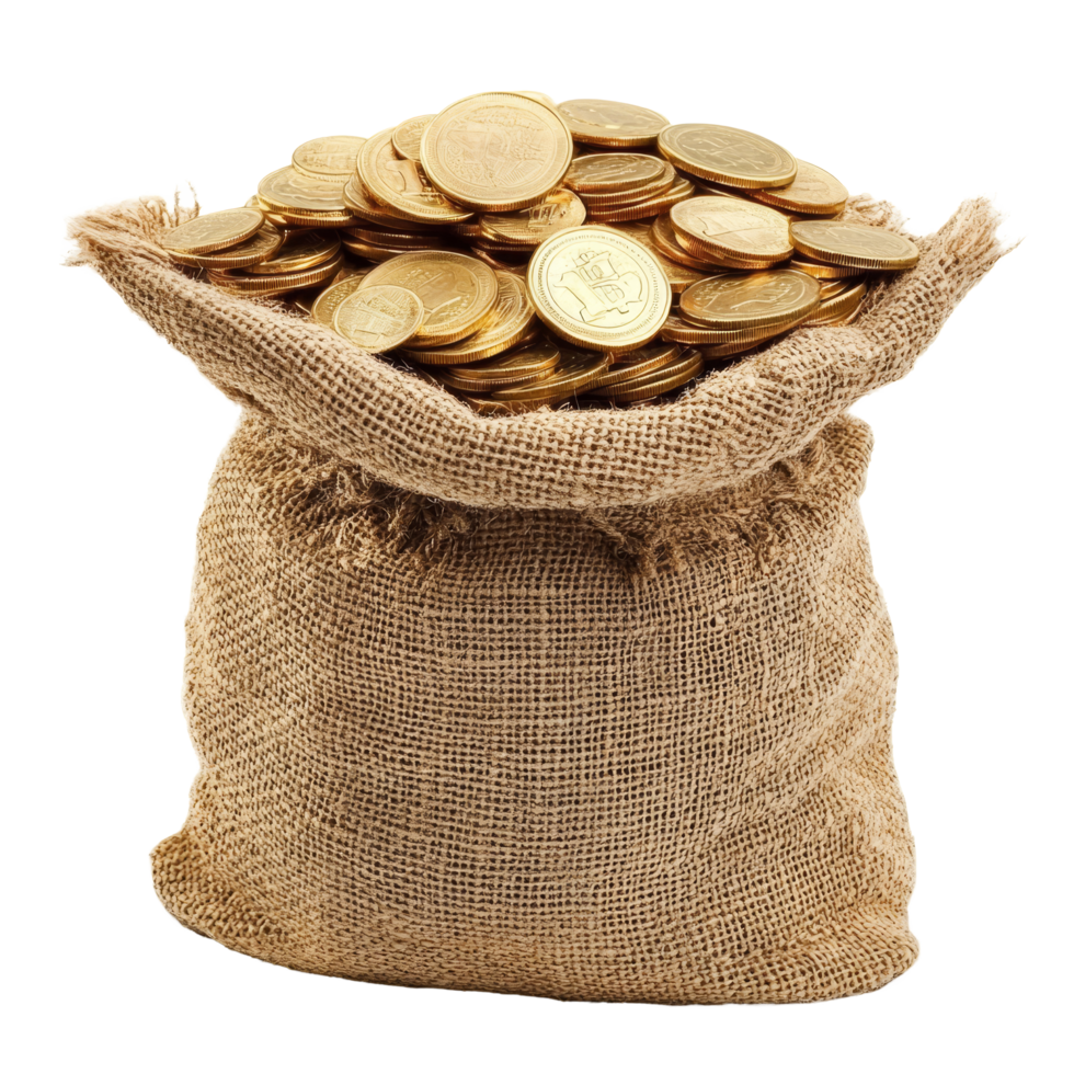 A burlap sack filled with shiny gold coins resting on a transparent background, Burlap sack full with gold coins isolated on transparent background Stock Photo png